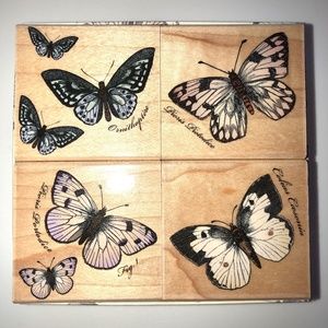 HERO ARTS Poetic Prints Butterfly Butterflies Rubber Stamp Wood Mount Set of 4